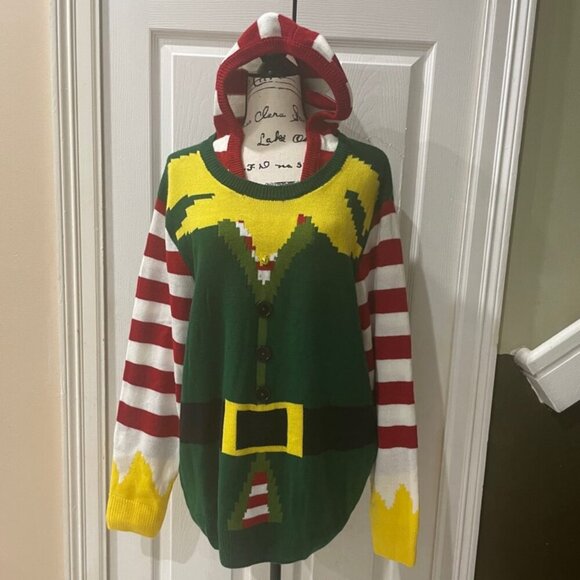 Holidays Christmas ELF KNITTED HOODED SWEATER FESTIVITY FUNNY SIZE XXLARGE - Picture 2 of 16